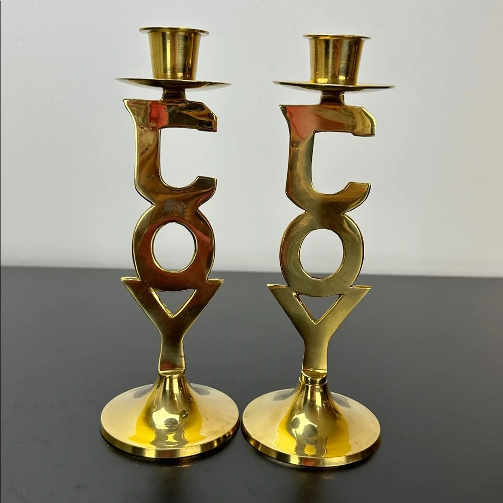 Vtg International Silver Co Solid Brass Joy Candlesticks 90's Christmas Everyday